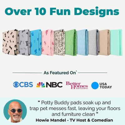 Promotional graphic for pet potty pads showing a row of folded pad designs in multiple colors and patterns, with the headline 'Over 10 Fun Designs,' featured media logos, and a quote from Howie Mandel.