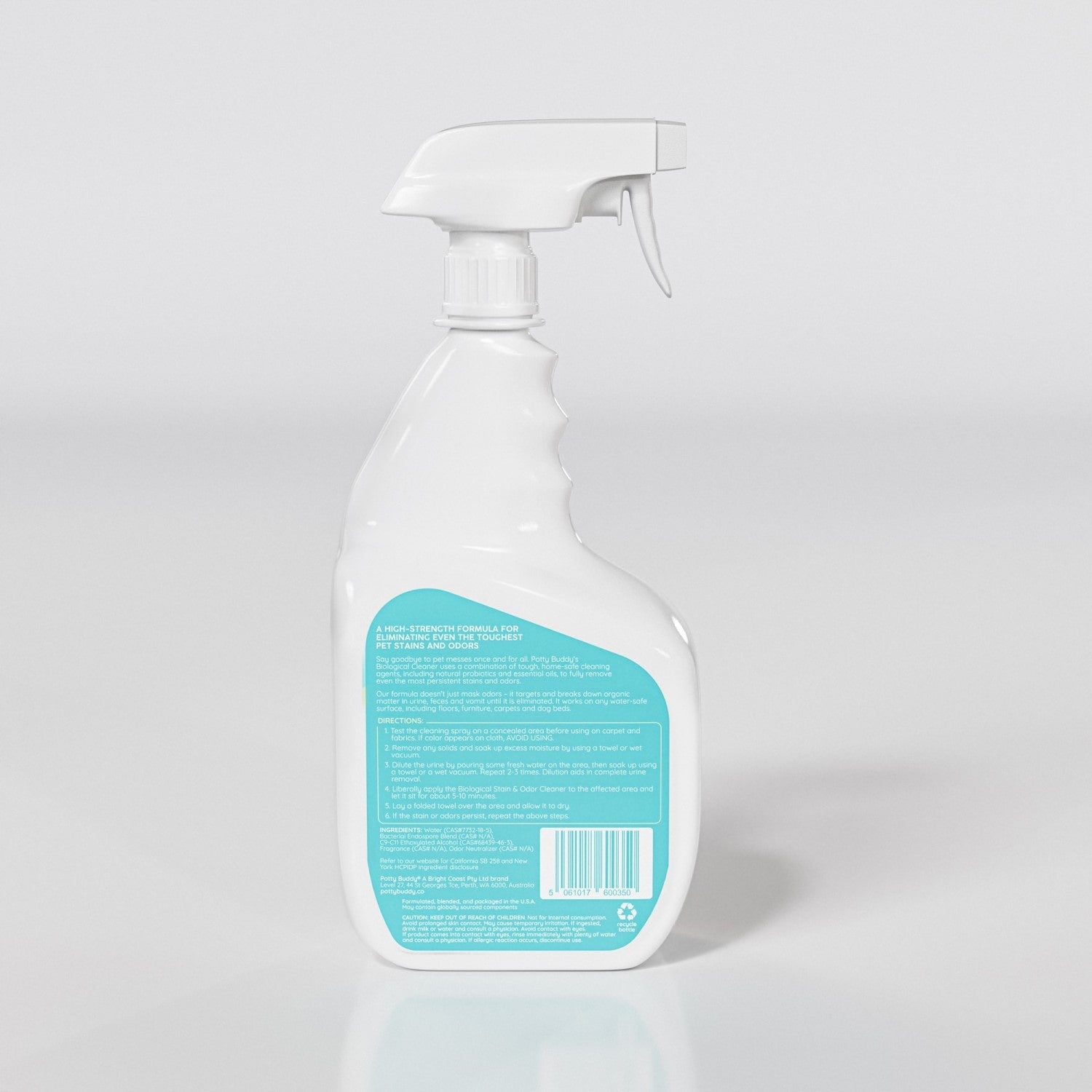 Back of Potty Buddy cleaning spray, product shot on a white background.