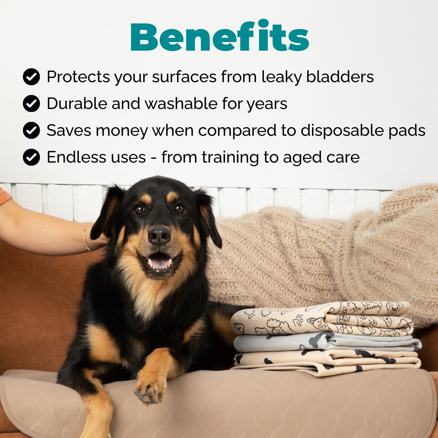 A black and tan dog sits on a beige cushioned sofa with folded patterned pet pads beside it, under a 'Benefits' heading with text about leak protection, durability, cost savings, and endless use.