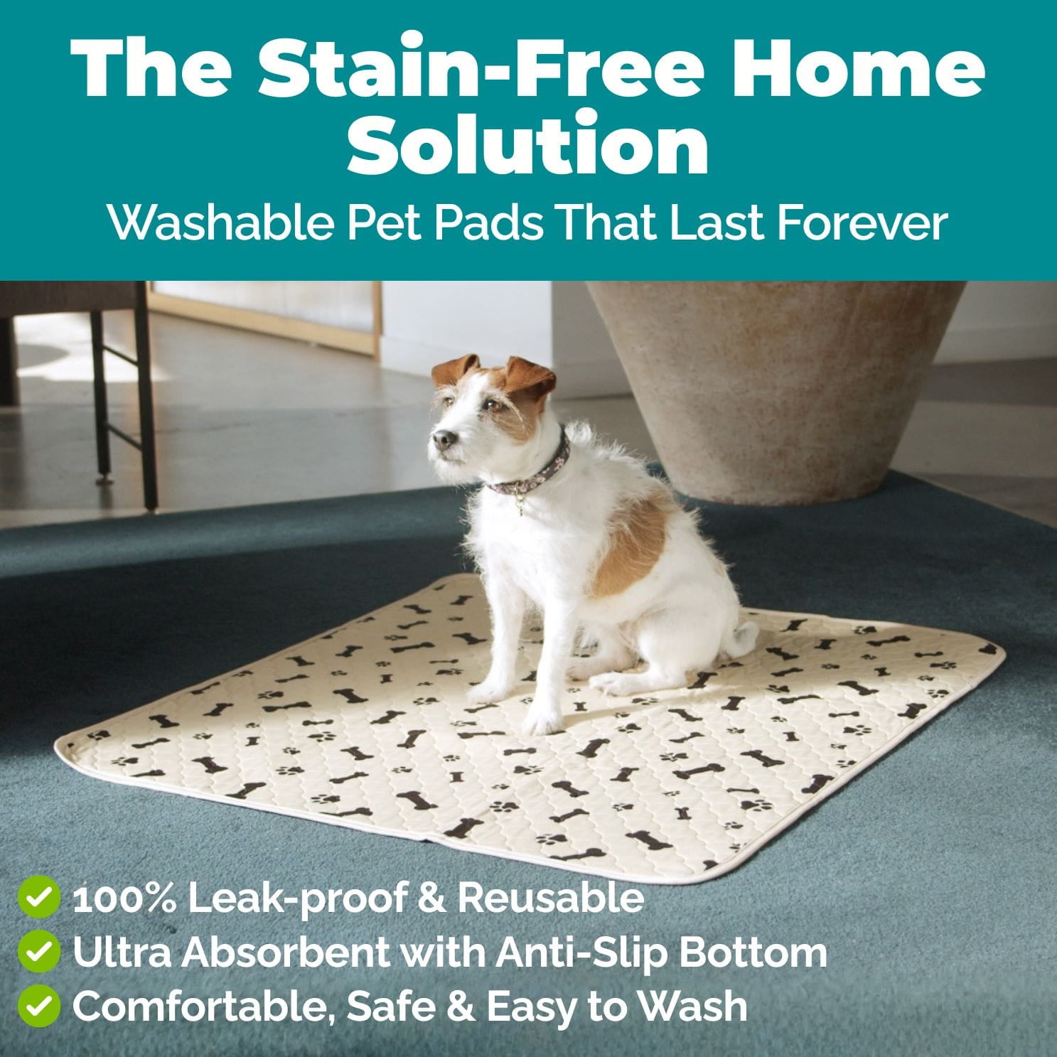 A small white and tan dog sits on a rectangular beige pet pad with a black paw-print pattern in a home interior. Large text at the top reads 'The Stain-Free Home Solution' and the bottom text highlights leak-proof, reusable, absorbent, and easy-to-wash qualities.