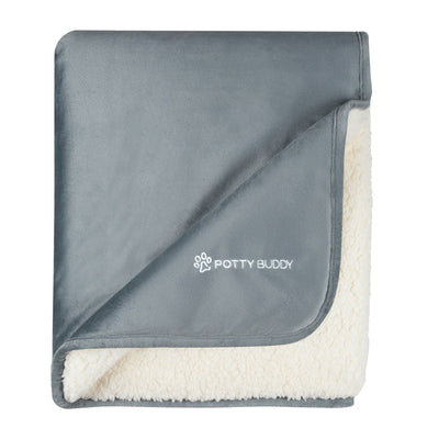 Top view of a folded slate-gray Potty Buddy Waterproof Blanket for pets