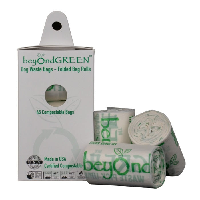 3-Pack of beyondGreen compostable poo bags next to box